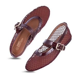 Mesh Ballet Flats, Fishnet Mary Jane Flats with Adjustable Buckle Strap Size 8.5